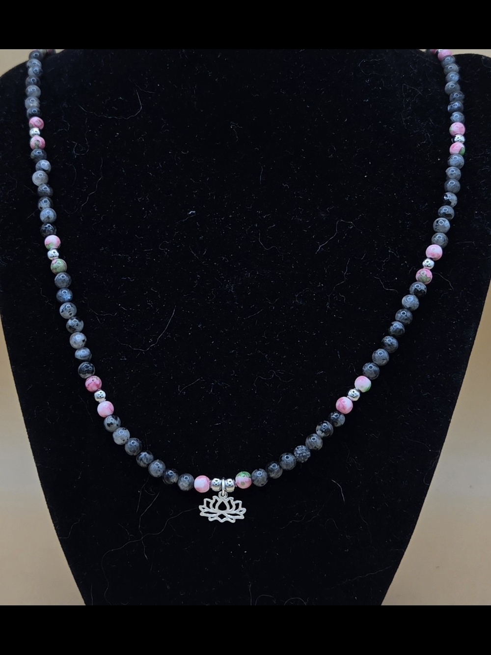 Labradorite, Rain Flower Jade and Stainless Steel Necklace With Lotus Pendant